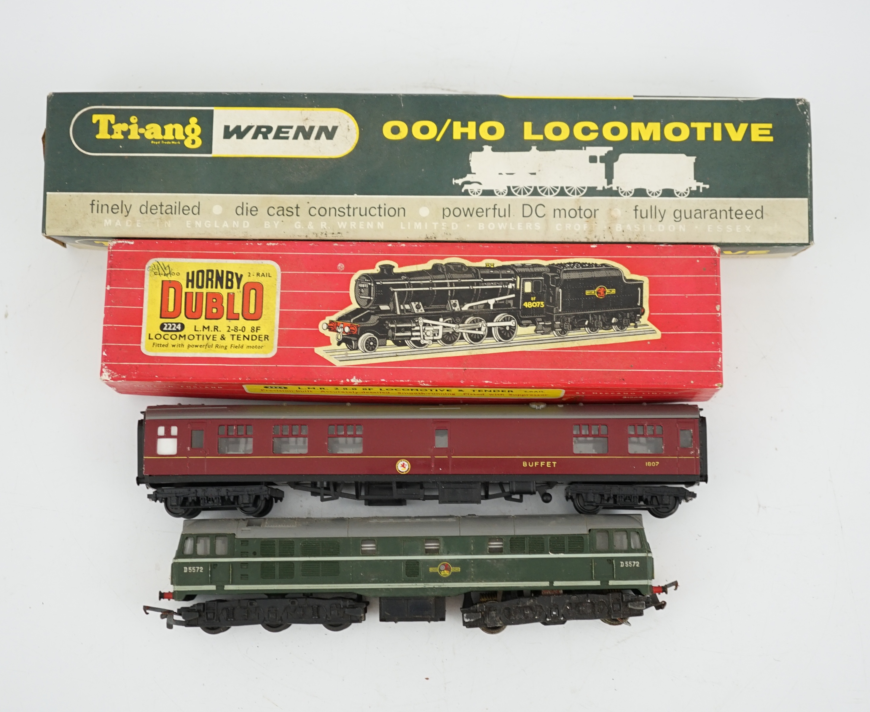 A collection of 00 gauge model railway by Hornby, Tri-ang, etc. including two boxed locomotives; a Tri-ang Wrenn LNER Class A4, Sir Nigel Gresley, (W2212), a Hornby Dublo BR Class 8F, 48073, (2224), plus an unboxed diese